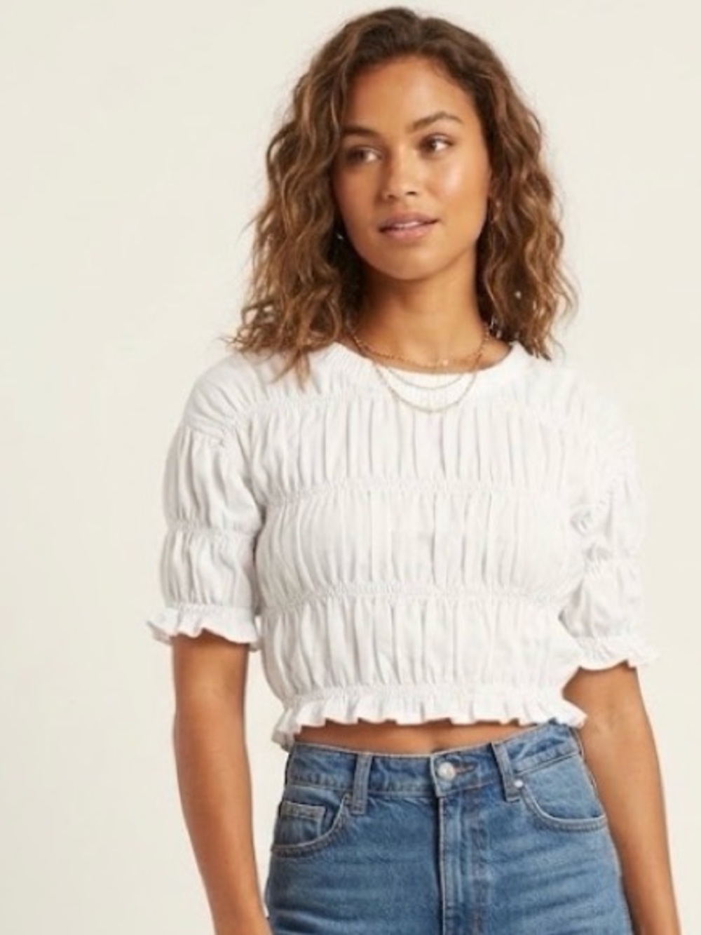 Zara White Ruched Crop Top with Short Puff Sleeves